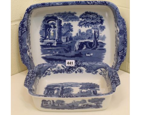 Two graduated Spode blue and white Italian pattern oven to tableware, casserole dishes of twin-handled rectangular form, 40cm