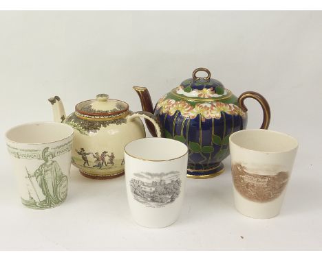 Doulton Burslem floral decorated teapot, 18cm, Royal Doulton pictorial teapot D2780, 13cm and three Royal Doulton pictorial b