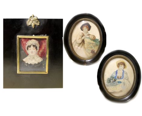 19th century miniature portrait of a lady. 7.5cm x 6cm. Unsigned in black lacquer frame with brass mounts; Also a pair of 19t