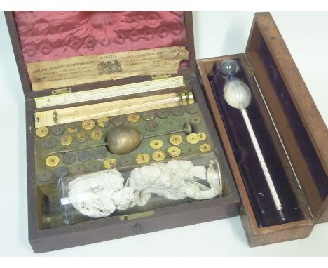 Victorian "Dicas's Patent Hydrometer", contained in fitted mahogany case with various weights, glass beaker, thermometer etc.