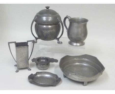 Art Deco pewter biscuit barrel or tea caddy of double gourd form with three scroll handles and pad feet, 17cm, and five other