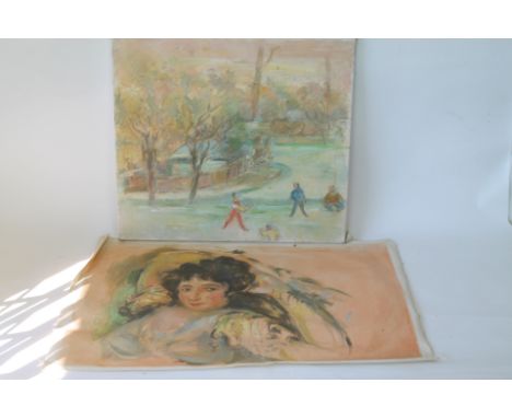 STELLA STEYN.Figures in a park.Oil on canvas.41cm x 46cm.Numbered L21 19/22.Also another, portrait of a woman.Oil on canvas (