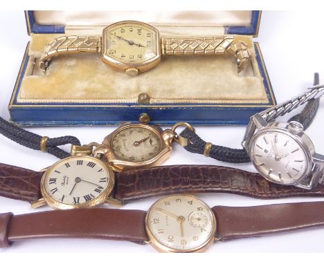 Lady's Berkeley 9ct gold watch, another three, and a Tissot steel watch. (5).