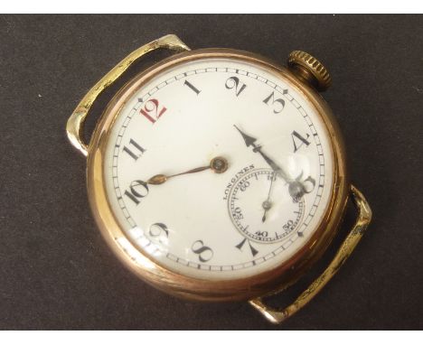 Gent's Longines watch, enamel dial with "red twelve" in 9ct gold, 1930, 32mm, no strap.   Condition Report.  Going, needs cle