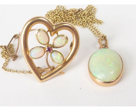 Gold brooch with opal and ruby quatrefoil in a heart, "15ct" and an opal pendant, 9ct gold.   Condition Report.  6.8gThere is