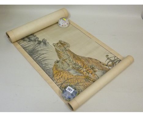 Early 20th century Chinese woven polychrome silk scroll depicting two tigers in a mountainous landscape, woven character & se