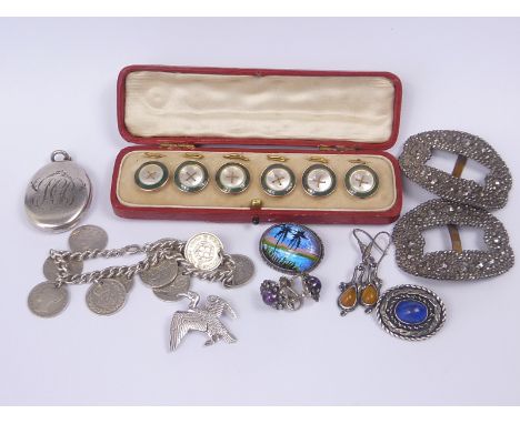 Set of enamel and mother of pearl buttons, pair of Georgian buckles, various other items of silver jewellery.