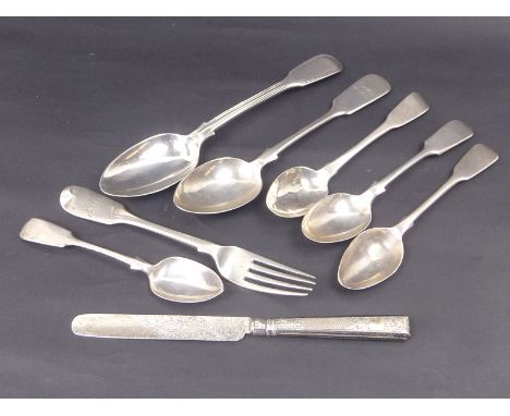 Silver teaspoon of fiddle pattern with rat tail, Dublin 1825, three others, a dessert spoon and fork, 1850 and 1881 and an en