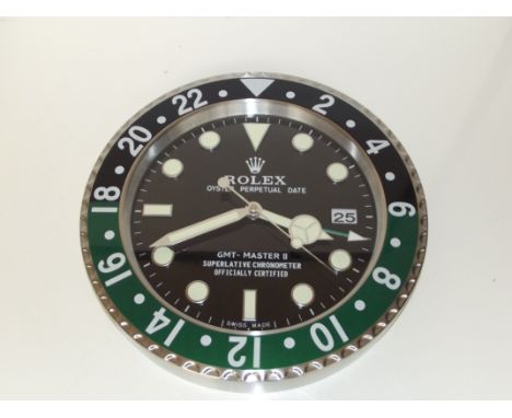 Rolex Oyster Perpetual Date, GMT - Master II Superlative Chronometer Officially Certified, Rolex Dealer's wall clock with swe