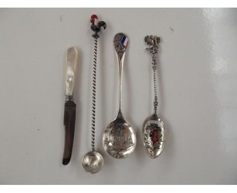 3 novelty spoons and mother of pearl handled fruit knife 