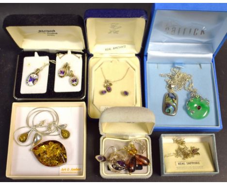 Silver Jewellery - a green stone jade effect ring pendant necklace;  another abalone;  a Sherwood hand painted crystal butter