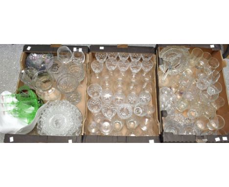Glassware - celery vase, drinking glasses, hors d'oeuvre dishes; a novelty green glass lattice work model ship; serving dishe