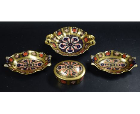 Royal Crown Derby 1128 - two oval trinket dishes 15cm; circular footed dish 16.5cm; domed lidded trinket box 