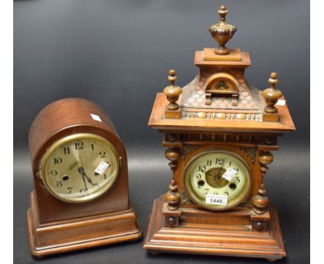 An Edwardian architectural cased mahogany bracket clock, Arabic numerals; a mahogany dome topped mantel clock (2)