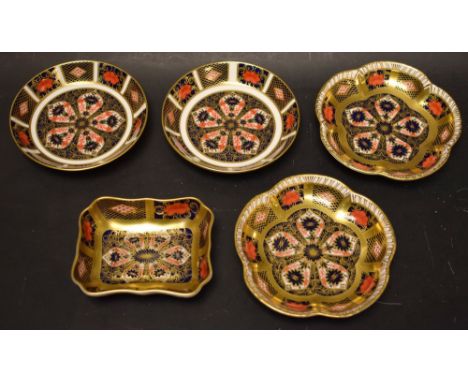 Royal Crown Derby 1128 - five trinket dishes, four circular 11cm, one rectangular 7cm x 9cm