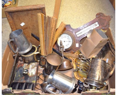 Metalware and Wooden Items - a wall hanging barometer, rulers, artists palettes, tankards, etc 