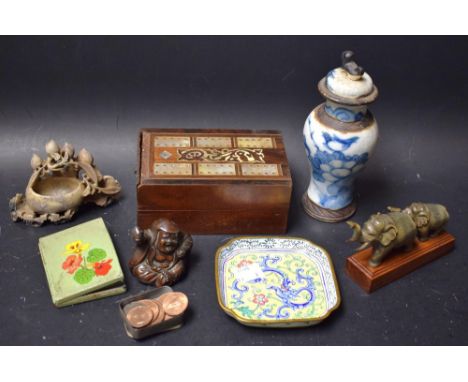 A miniature Chinese temple jar and cover; elephant group; inlaid mother of pearl cribbage board; etc.