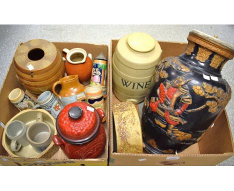 Stoneware - a brandy barrel with brass; another wine; rumtopf; steins; large oriental table lamp; etc