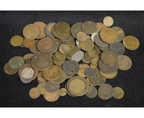 Coins. A quantity of base metal UK circulated coins, including 1913 half farthing GF, 1857 1d GF Lauer model farthing.