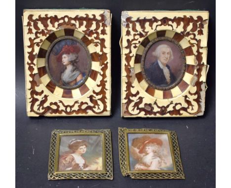 A pair of 19th century portrait miniatures, inlaid frames; another pair, smaller, gilt brass frames (4)