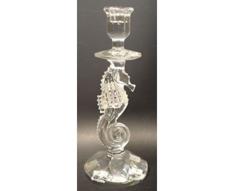 A Waterford crystal single candlestick, the stem moulded as a seahorse, 29cm high