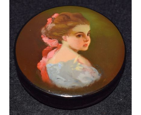 A Russian papier mache snuff box, portrait of a young girl
