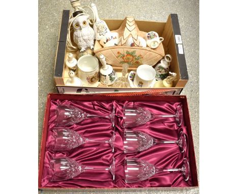 Ceramics and Glass - a set of six Royal Doulton crystal wine glasses; owl lamp; basket; bells; etc.