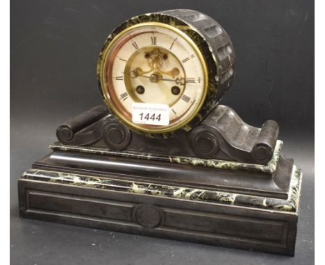 A black slate drum head mantel clock with green marble inserts, white enamel dial, Roman numerals