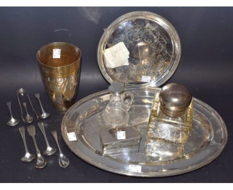 A silver mounted inkwell, Chester, other EPNS, tray, goblet, oil bottle; quantity