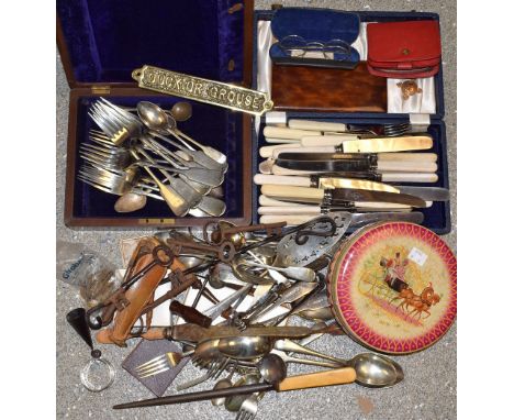 A pair of metal framed spectacles; a snuff box; medals; silver plated flatware; etc, quantity 