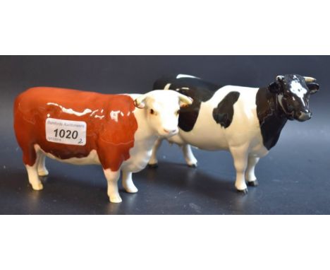 A Beswick Hereford cow, Champion of Champions, designed by Arthur Gredington, 10.5cm high, model no 1360;  a similar Freisian