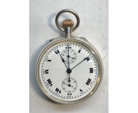 Silver centre second chronograph pocket watch winds and ticks but no warranty given in good overall condition measures approx