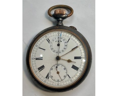 Centre second chronograph pocket watch does not  tick when wound hands spin no warranty given gun metal case corroded  measur