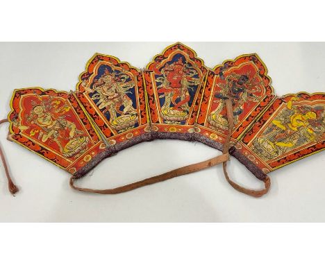 Tibetan or Nepalese monk’s ritual crown, painted wood block prints on hessian backed paper