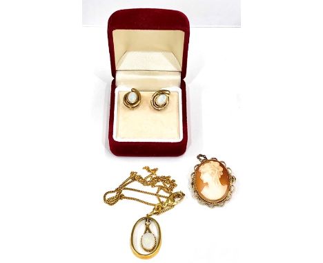 Selection of gold jewellery includes 18ct gold opal and diamond pendant and chain earrings and cameo brooch 