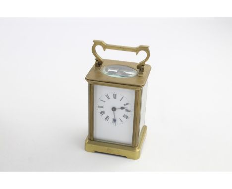 Antique/ vintage heavy brass cased carriage clock, key-wind with damaged case, white enamel dial dimensions - 15.5cm(h) x 10c