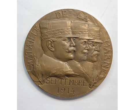 Signed WW1 bronze plaque medallion Battle de la Marne september 1914 measures approx. 69mm dia signed J.P Legastelois