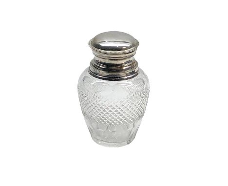 Continental silver top tea caddy cut glass bottle with silver top not hallmarked but acid tested as silver height 11cm good c