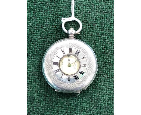 Vintage gents stamped 935 silver half hunter pocket watch key-wind maker- H.Samuel Manchester. With engine turned case decora