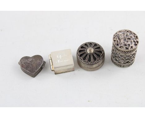 4 x Assorted vintage stamped 925 silver pill/ trinket Boxes (53g) Inc love heart, engraved, miniature Etc 