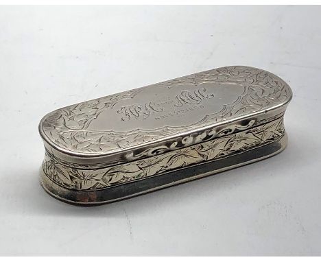 Victorian silver snuff box engraved lid dated 1888 makers hallmark G.U George Unite measures approx 70mm by 27mm height15mm