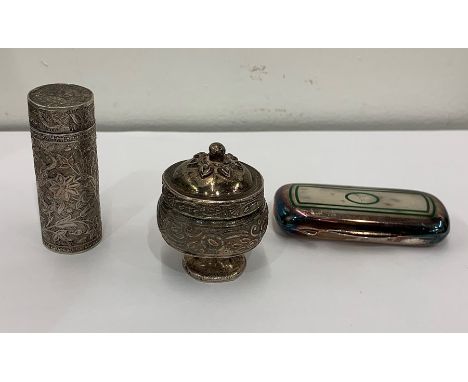 3 Vintage 800 and 925 silver pill/ trinket boxes Inc floral (93g) XRF tested for purity  Item is in antique condition signs o
