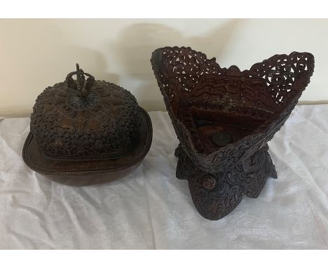 Tibetan or Nepalese Tantric pierced repousse copper altar set of stand, kapala/skull cup and lid