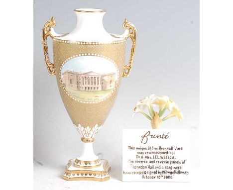 A Bronte Porcelain Branwell vase, privately commissioned by the vendor in 2006, decorated with a reserve of Thorndon Hall, Es