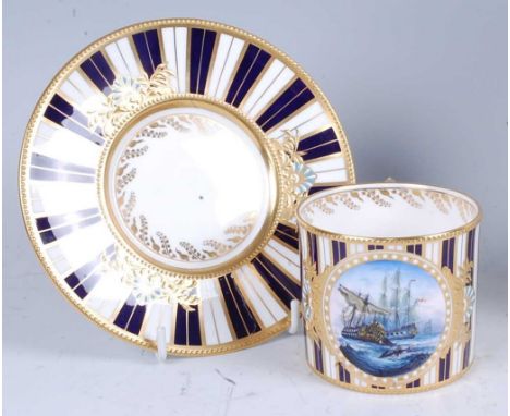 A Lynton Porcelain Company cabinet cup and saucer, polychrome enamel decorated with a reserve of naval frigates on calms seas