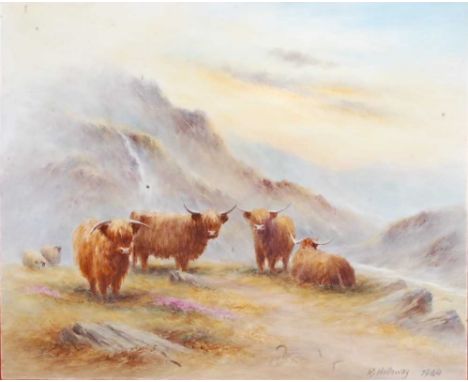 Milwyn Holloway - Highland cattle in a misty landscape, polychrome enamel  porcelain plaque, signed and dated 1984 lower righ