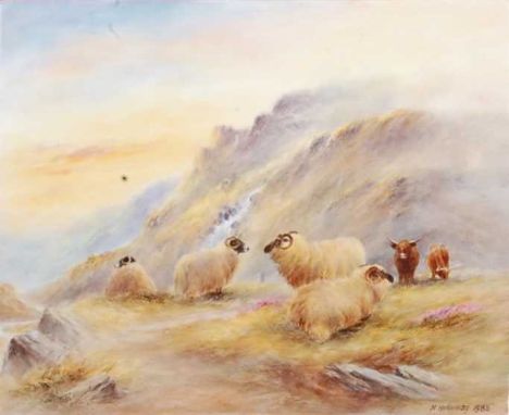 Milwyn Holloway - Highland  cattle and sheep in a misty landscape, polychrome enamel on porcelain plaque, signed and dated 19