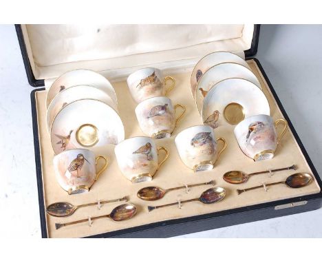 A Royal Worcester cased set of six porcelain coffee cans and saucers, each decorated with ducks and gamebirds by James Stinto