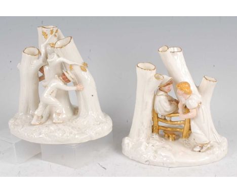 A pair of Royal Worcester porcelain groups, modelled by James Hadley, 'Hide &amp; Seek' No.825 and 'Country Courtship' No.828