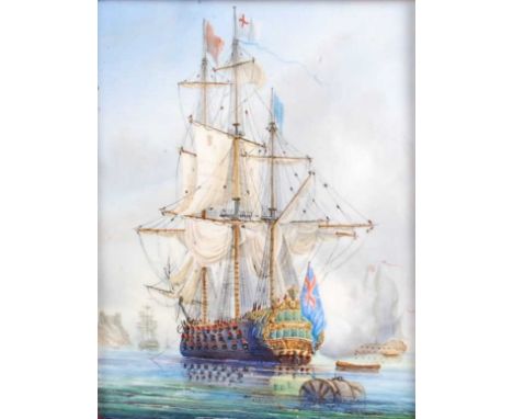 Lynton Porcelain Company - British naval frigate at anchor, polychrome enamel decorated porcelain plaque, signed by Stefan No